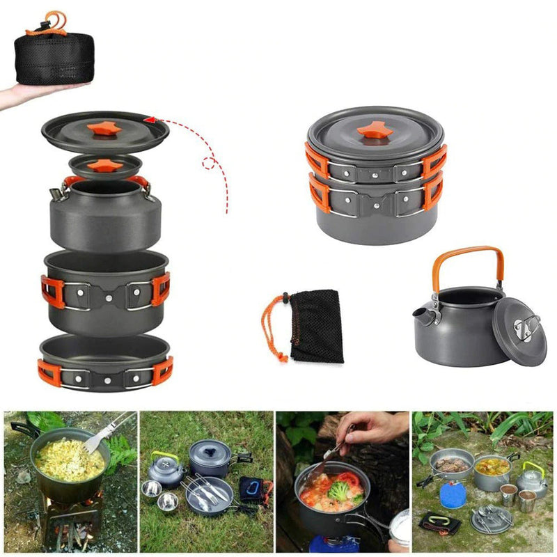 Kit de Panelas Para Camping Com Talheres, Copos e Fogareiro